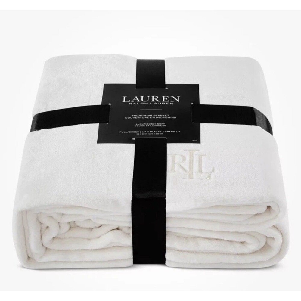 NWT RALPH LAUREN King Size 108 X 90 MICROMINK BLANKET Cream Color RLL Logo NEW
